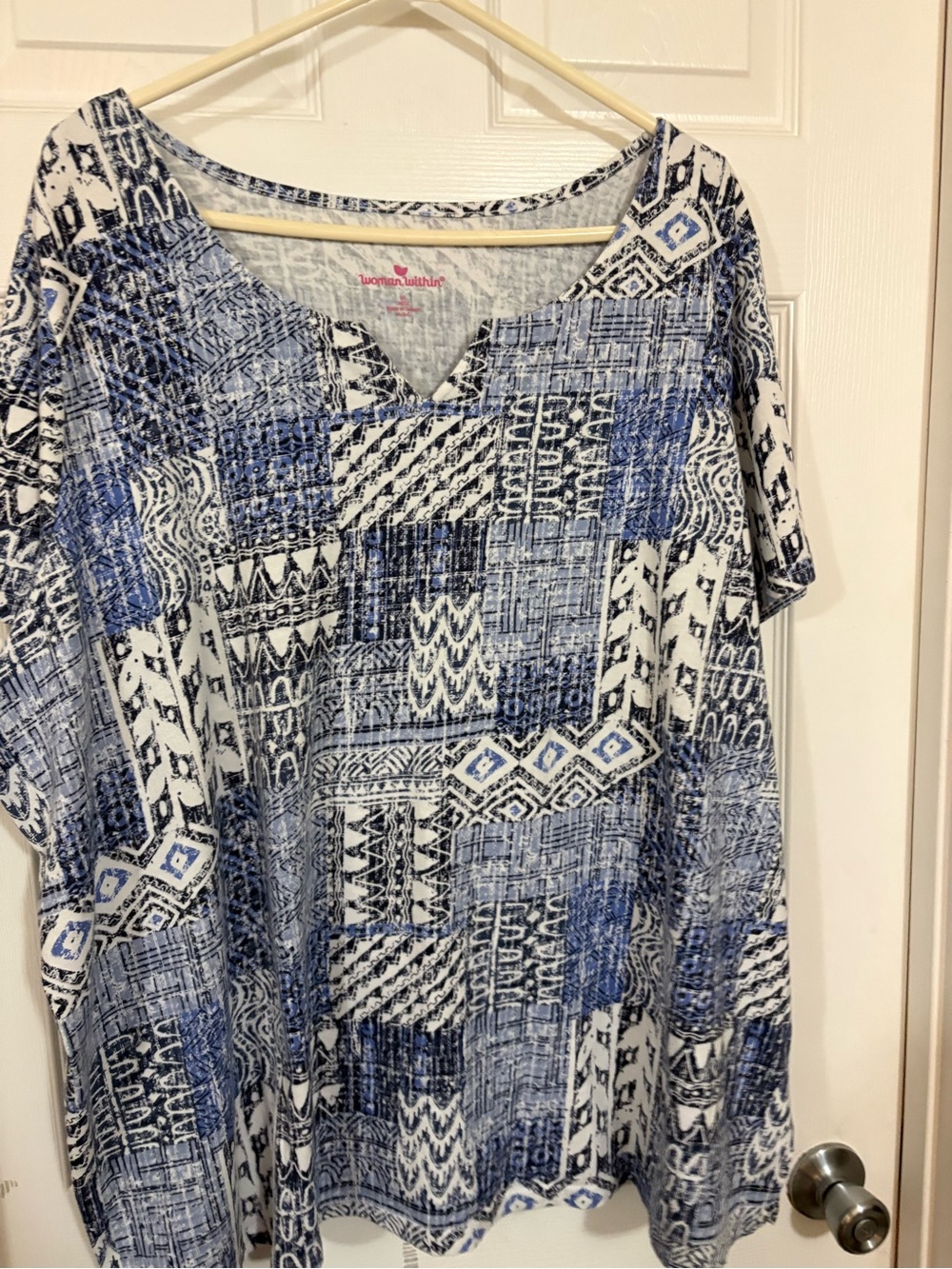 Woman Within 3x 30/32 blue patchwork look tunic top SS notch neck SS